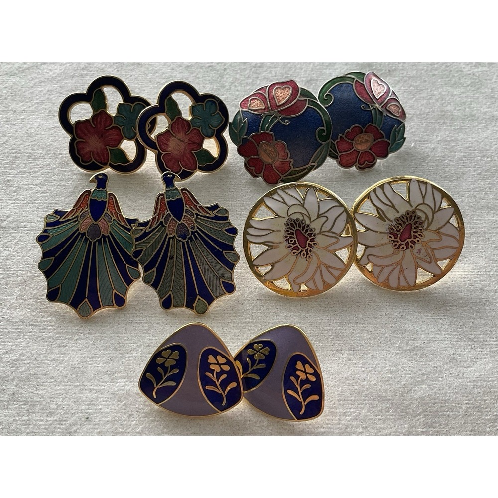Cloisonné Earring Lot Of 5 Pair Vintage Estate Jewelry Peacocks Floral Ect